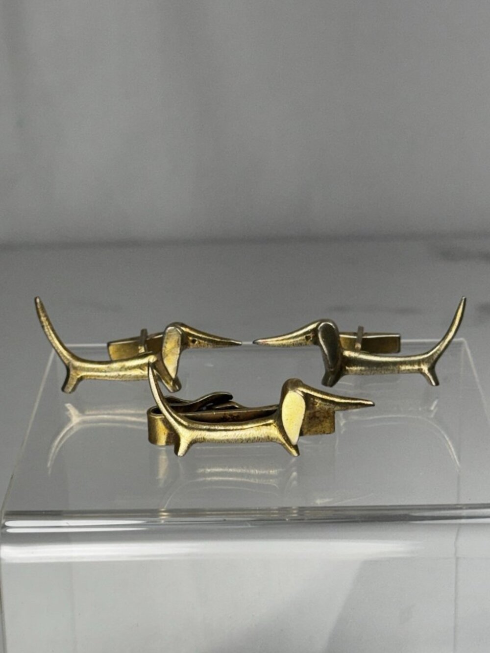 Austria Dachshund Cufflinks Tie Clip Set Wiener Dog Mid Century Brass